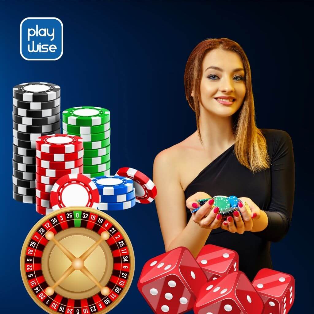 PlayWise365 casino chips and roulette with woman Banner